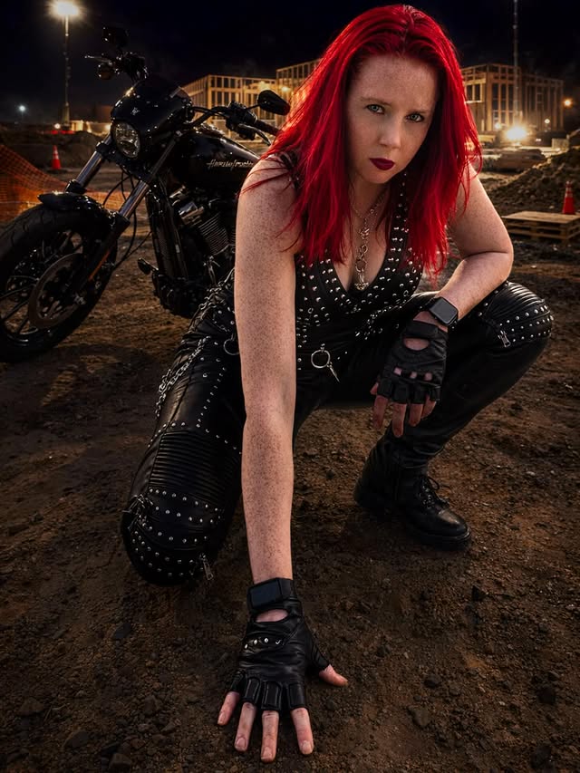 Irian Darkwood crouching beside a motorcycle